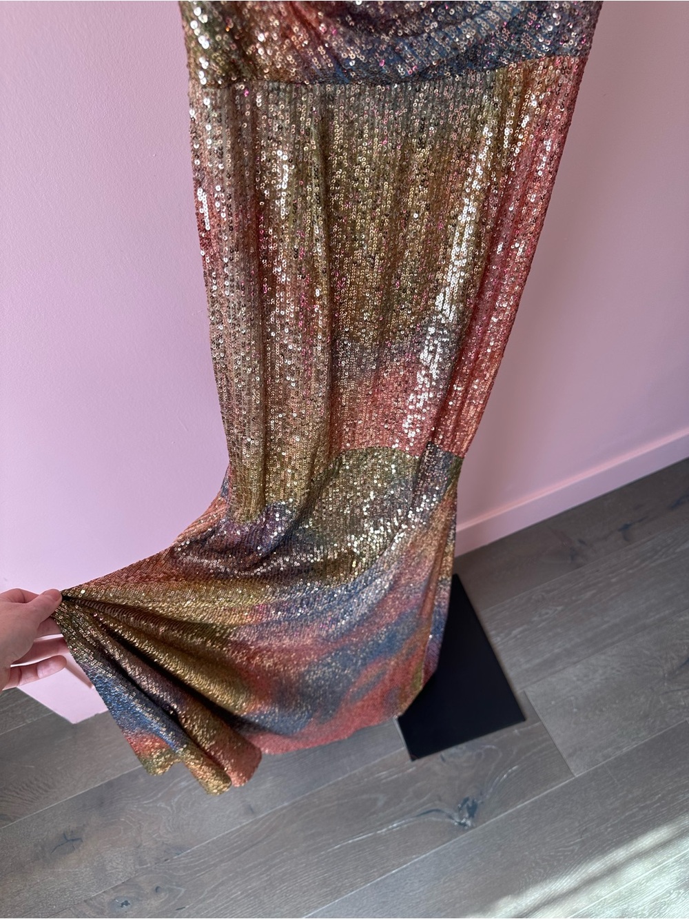 Theia Brynn Daydream Pastel Rainbow Sequin Cowl Neck Maxi Dress - Picture 3 of 7
